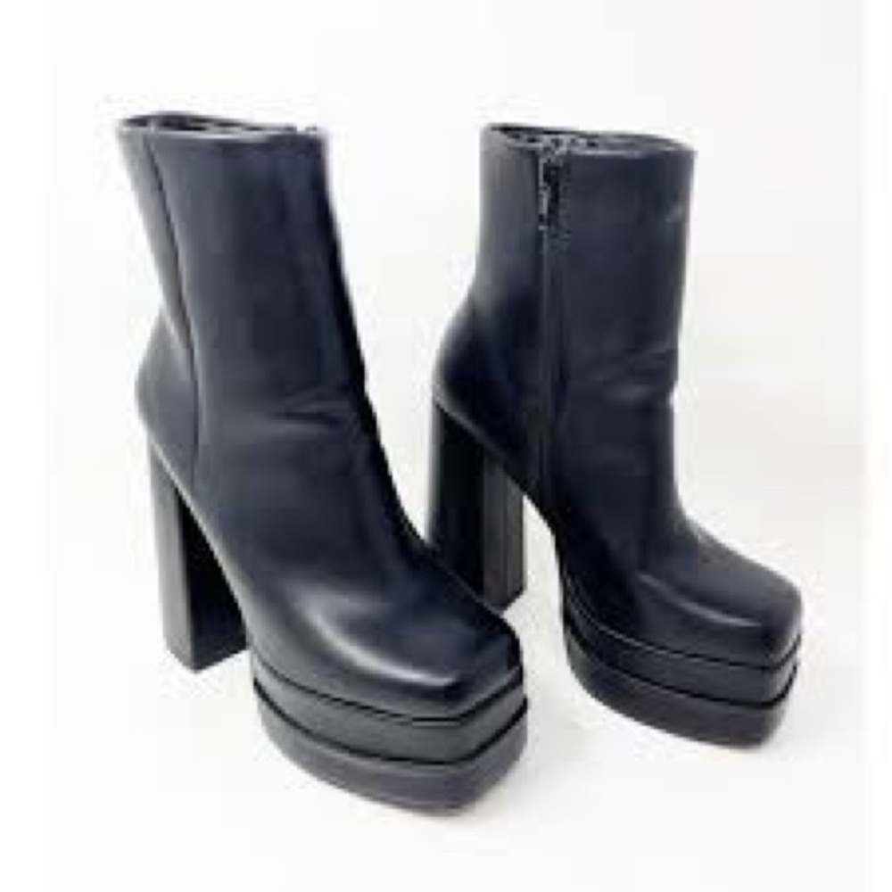 Vintage Y2K Double Platform Chunky Block Heel Boot Mid Calf Black Ankle goth 8